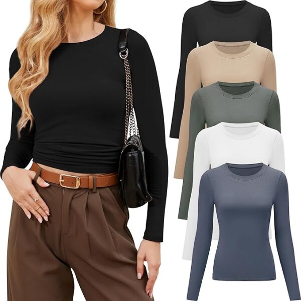 Limited time deal 26% off  Womens Long Sleeve Shirts Crew Neck Basic Tees Tight Fitted